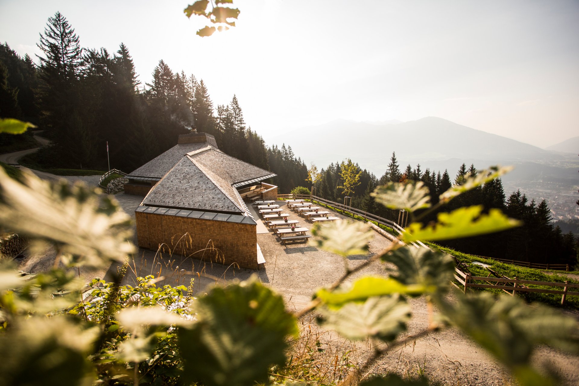 Im Vordergrund befindet sich die Umbrüggler Alm, im Hintergrund ist der Wald und Berge.